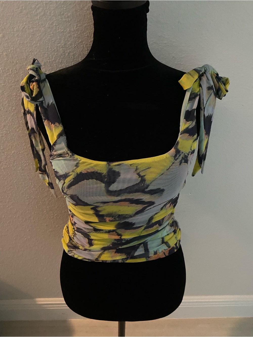 Free People Yellow and Gray Tie-Shoulder Crop Camisole